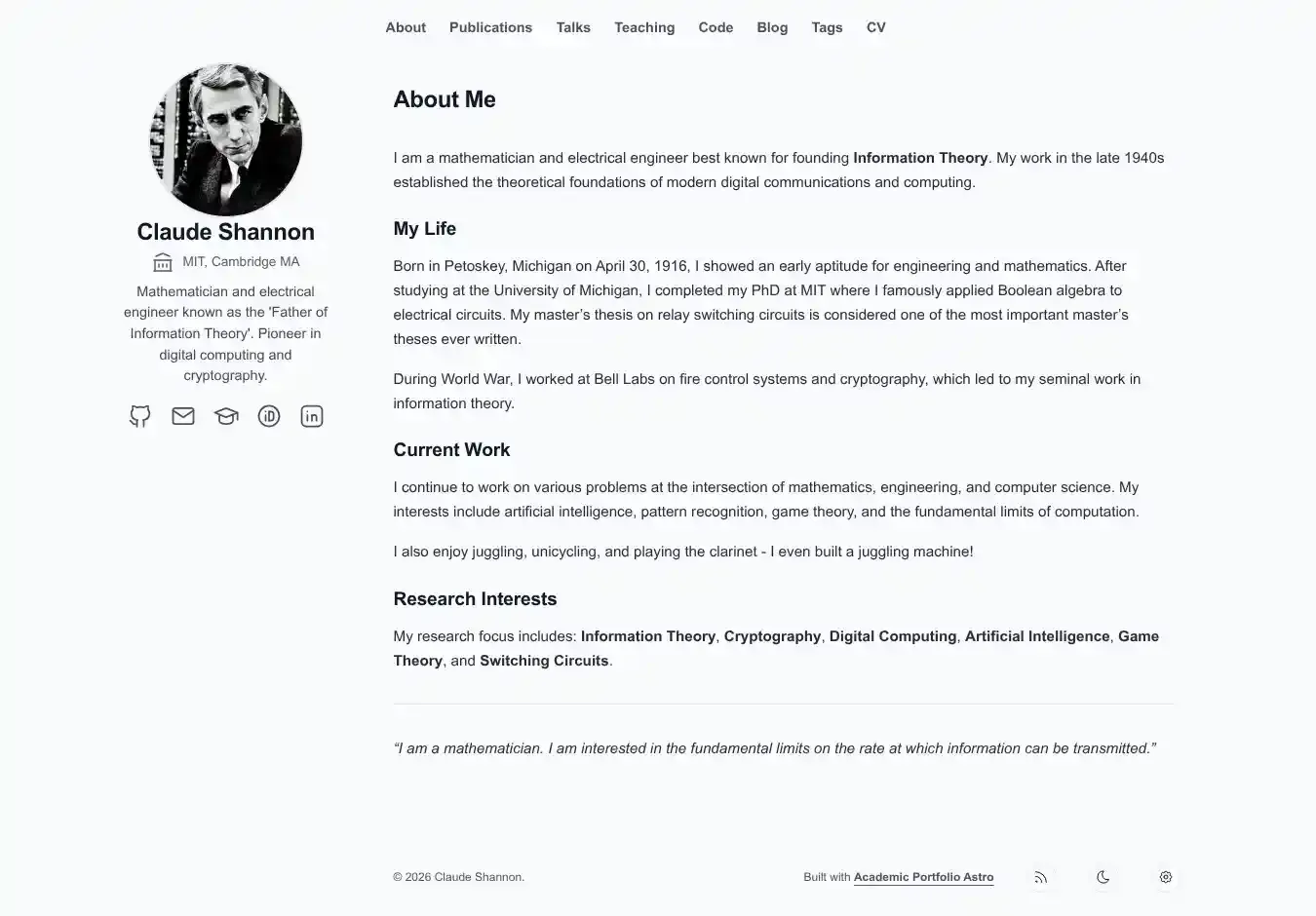 Academic Portfolio Astro home page on desktop
