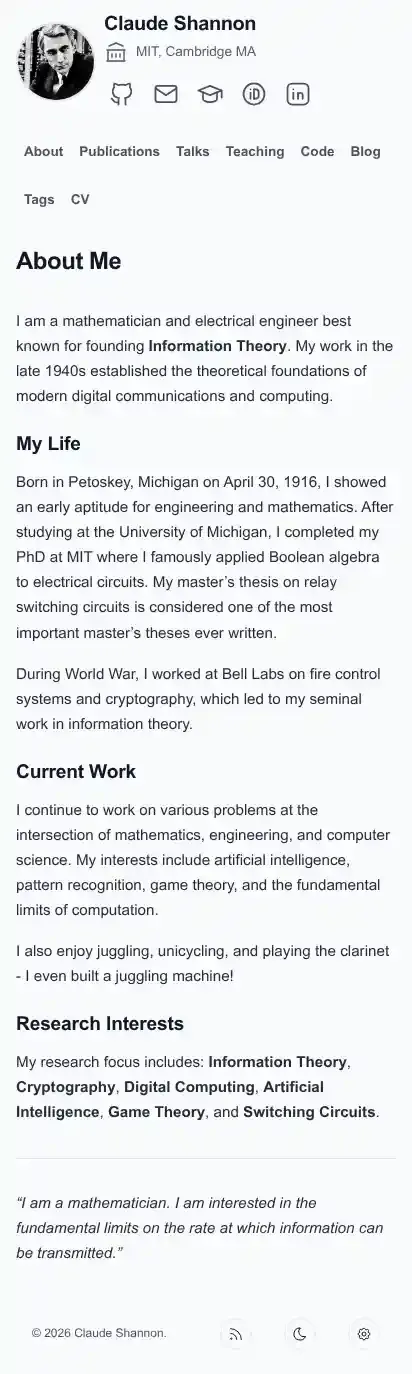 Academic Portfolio Astro home page on mobile