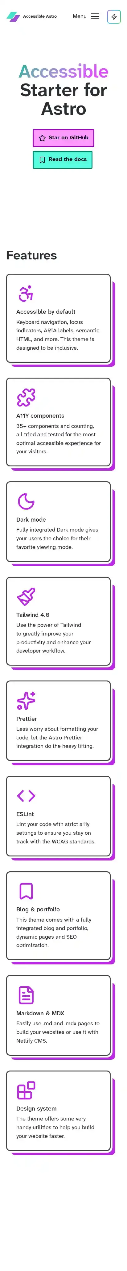 Accessible Astro Starter home page on mobile