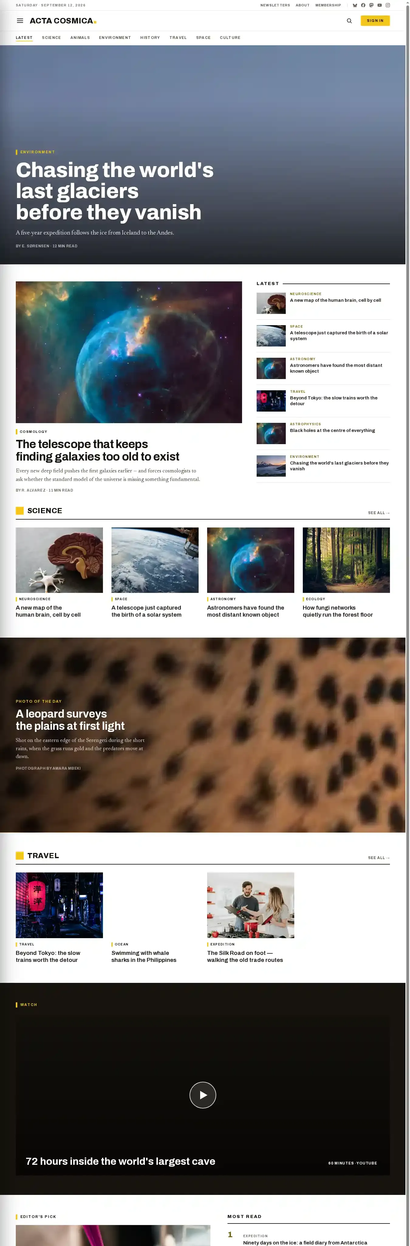 Acta Cosmica home page on desktop