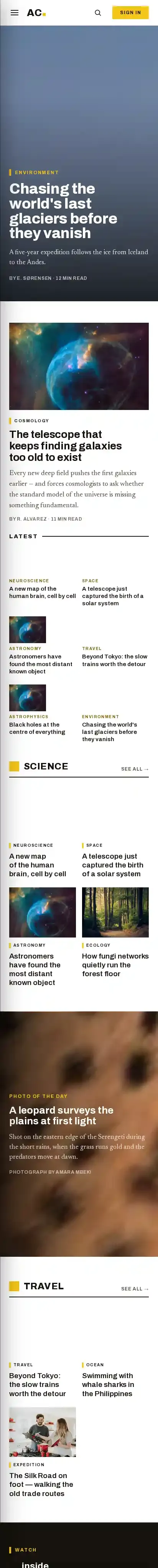 Acta Cosmica home page on mobile