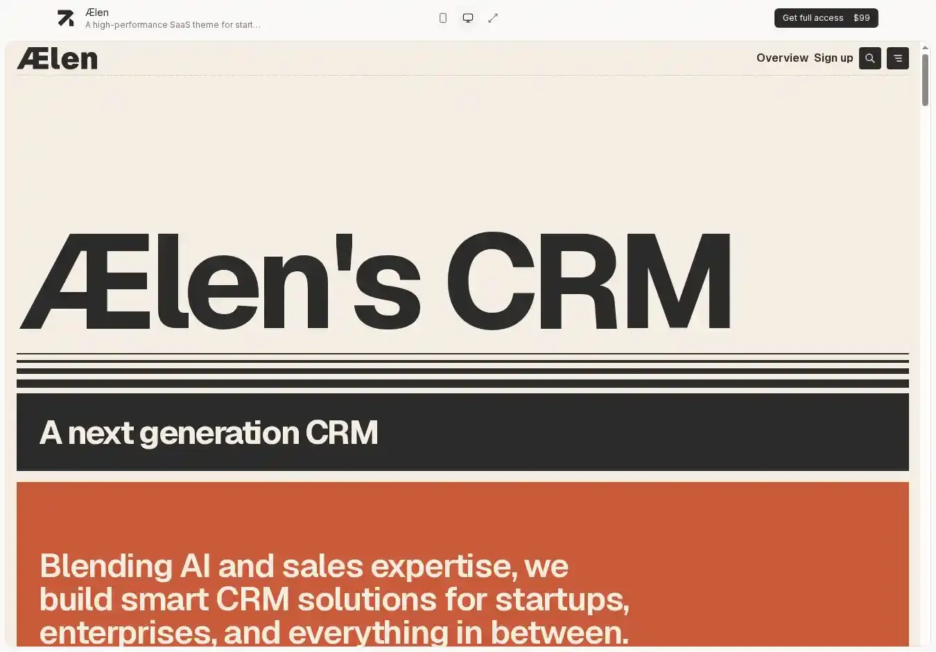 Aelen Astro + Sanity CMS home page on desktop
