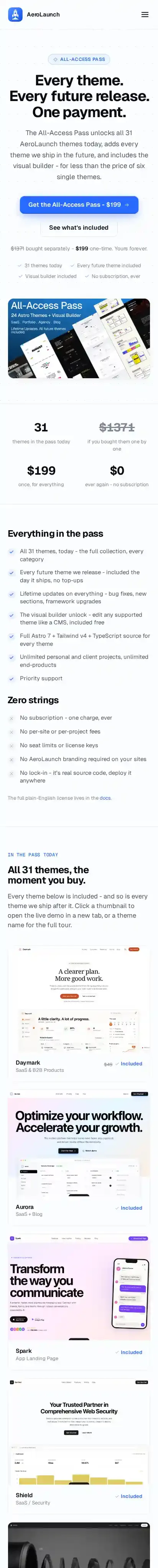 AeroLaunch All-Access Pass home page on mobile