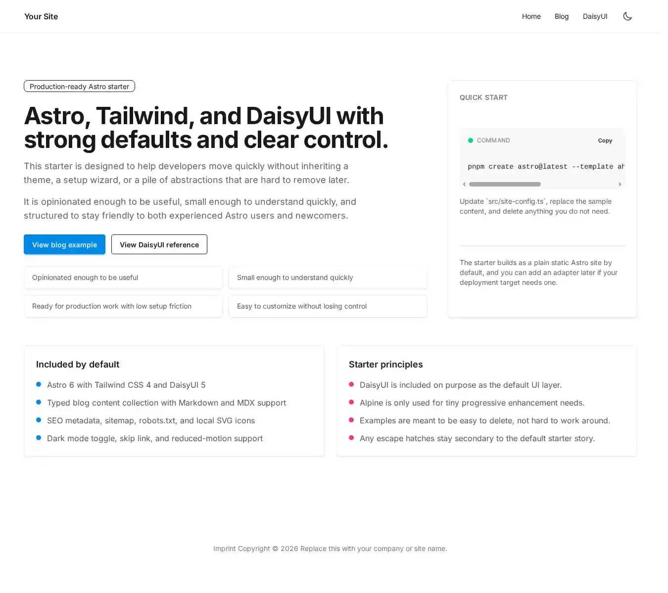 Alexander’s astro tailwind daisyui starter home page on desktop