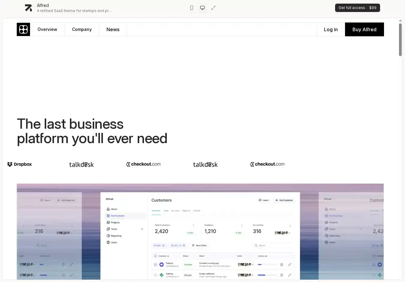 Alfred home page on desktop