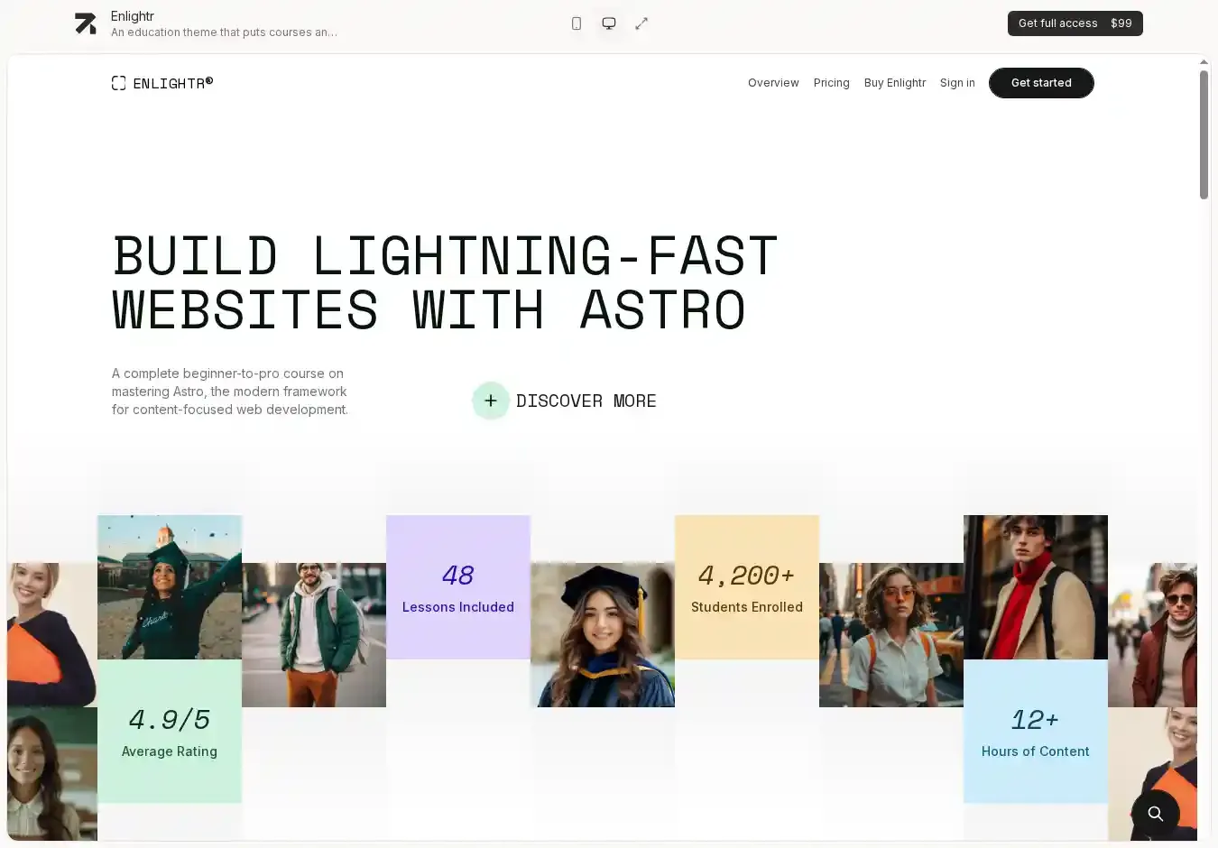 Enlightr Astro, Tailwind CSS & Sanity CMS home page on desktop