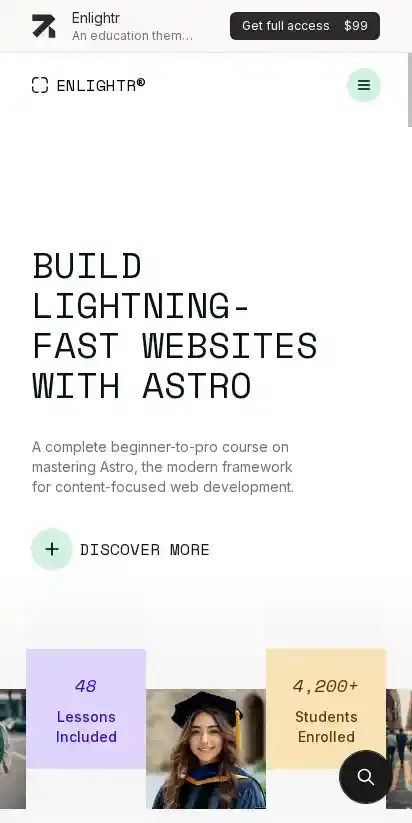 Enlightr Astro, Tailwind CSS & Sanity CMS home page on mobile