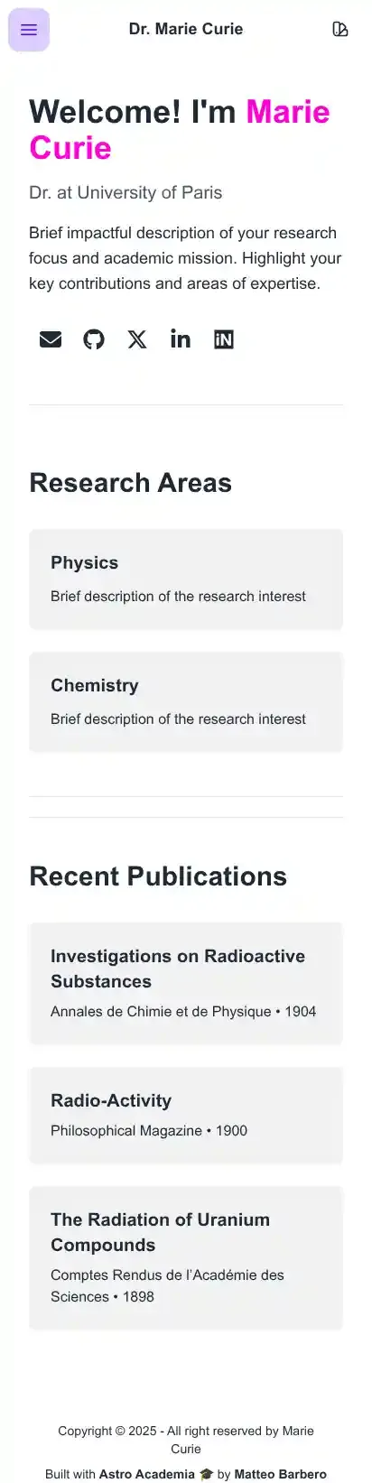 Astro Academia home page on mobile