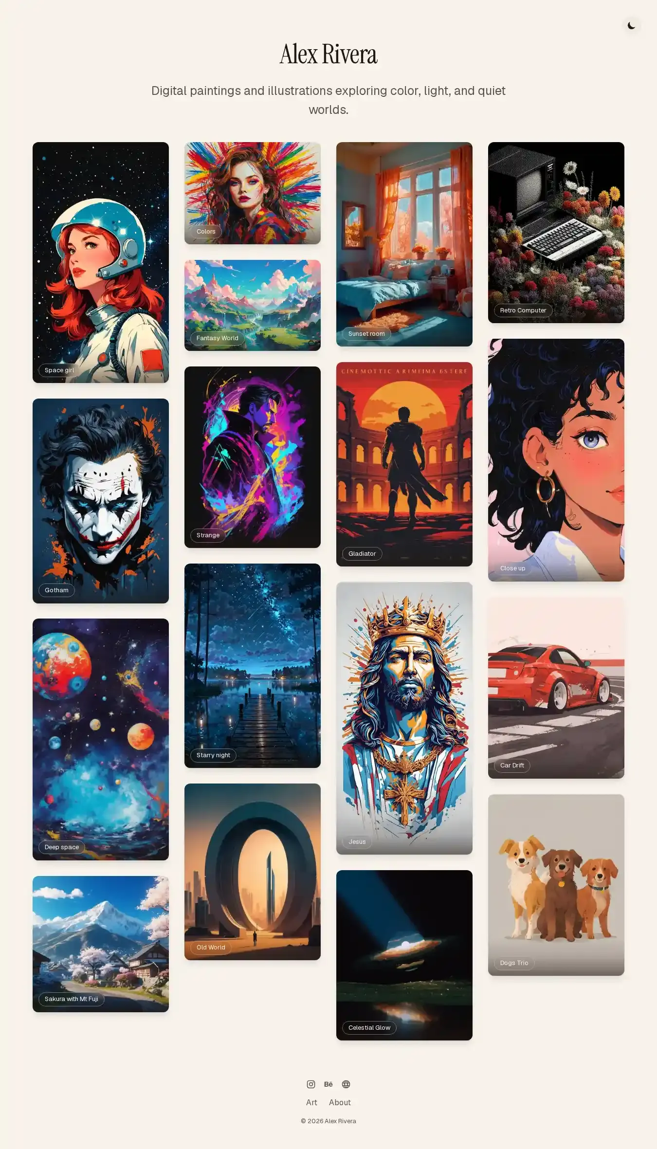 Astro art portfolio home page on desktop