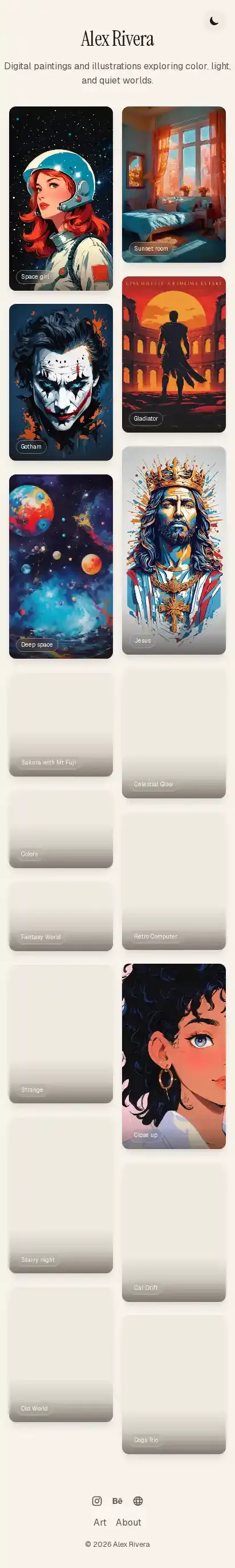 Astro art portfolio home page on mobile