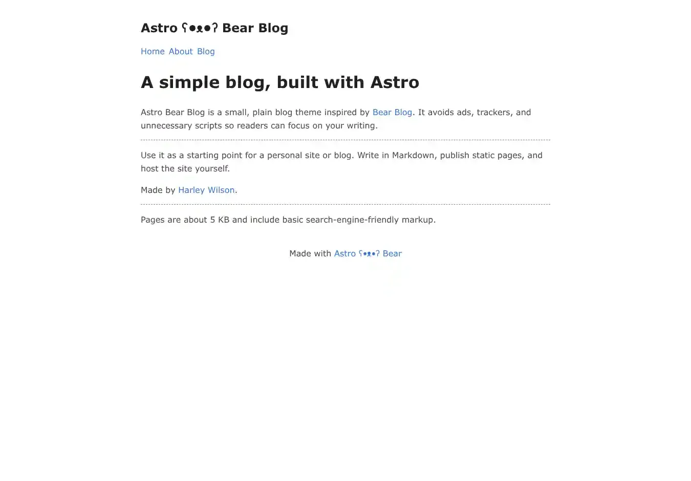 Astro Bearblog home page on desktop