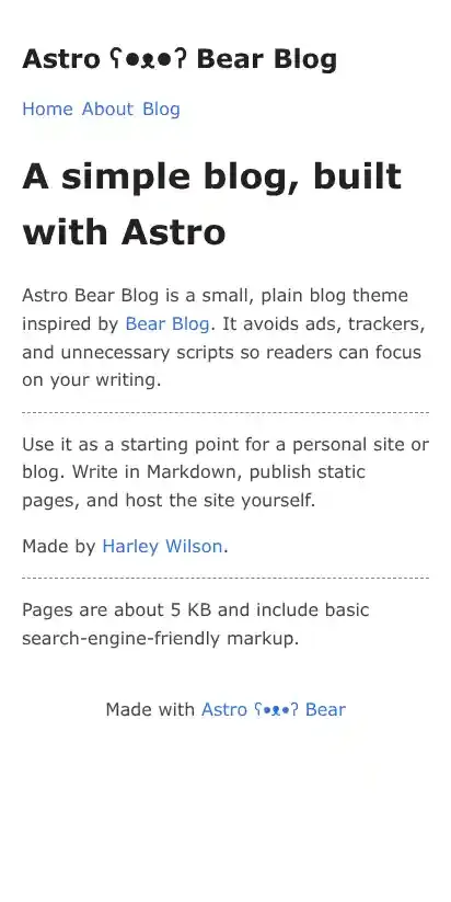 Astro Bearblog home page on mobile