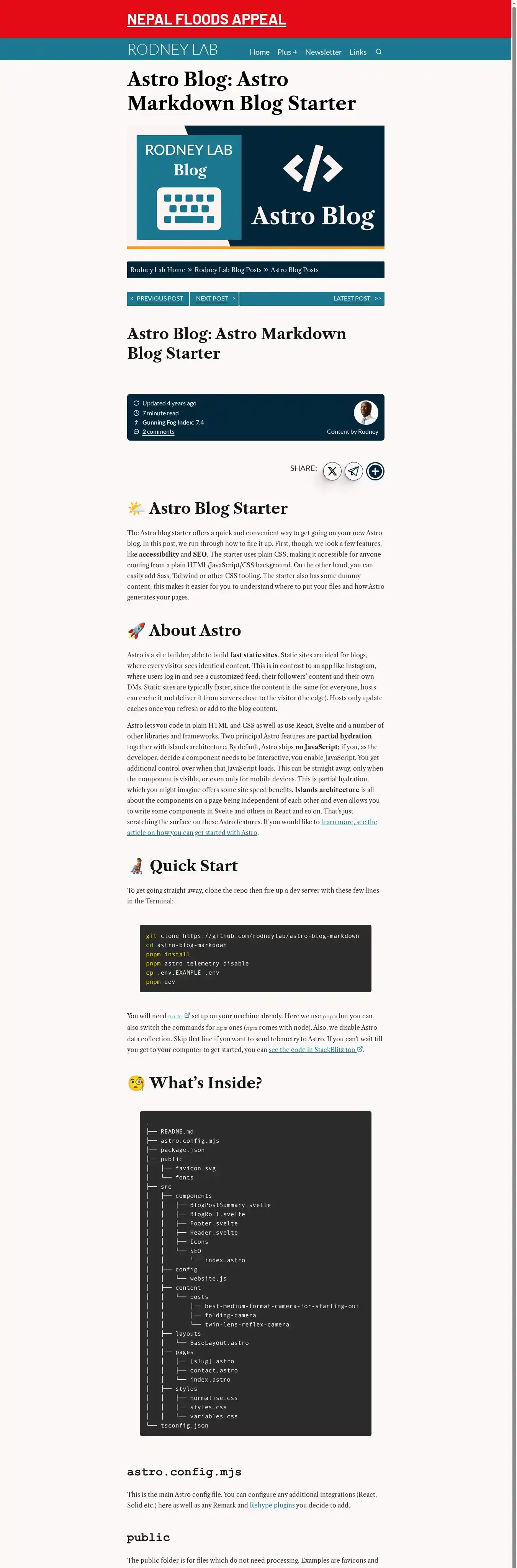 Astro Blog Markdown home page on desktop