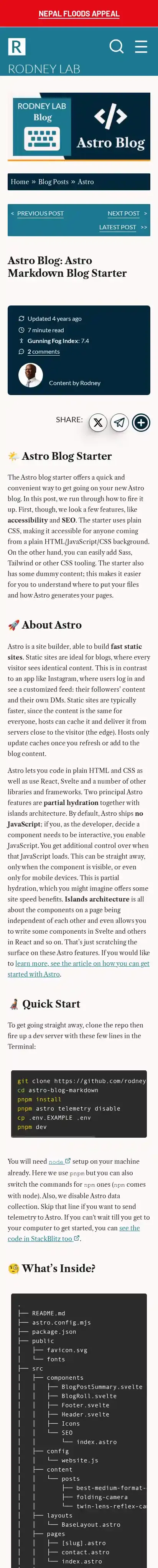 Astro Blog Markdown home page on mobile