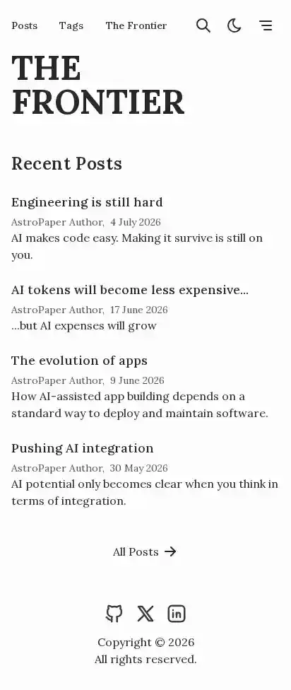 Astro Blog Template Warp home page on mobile