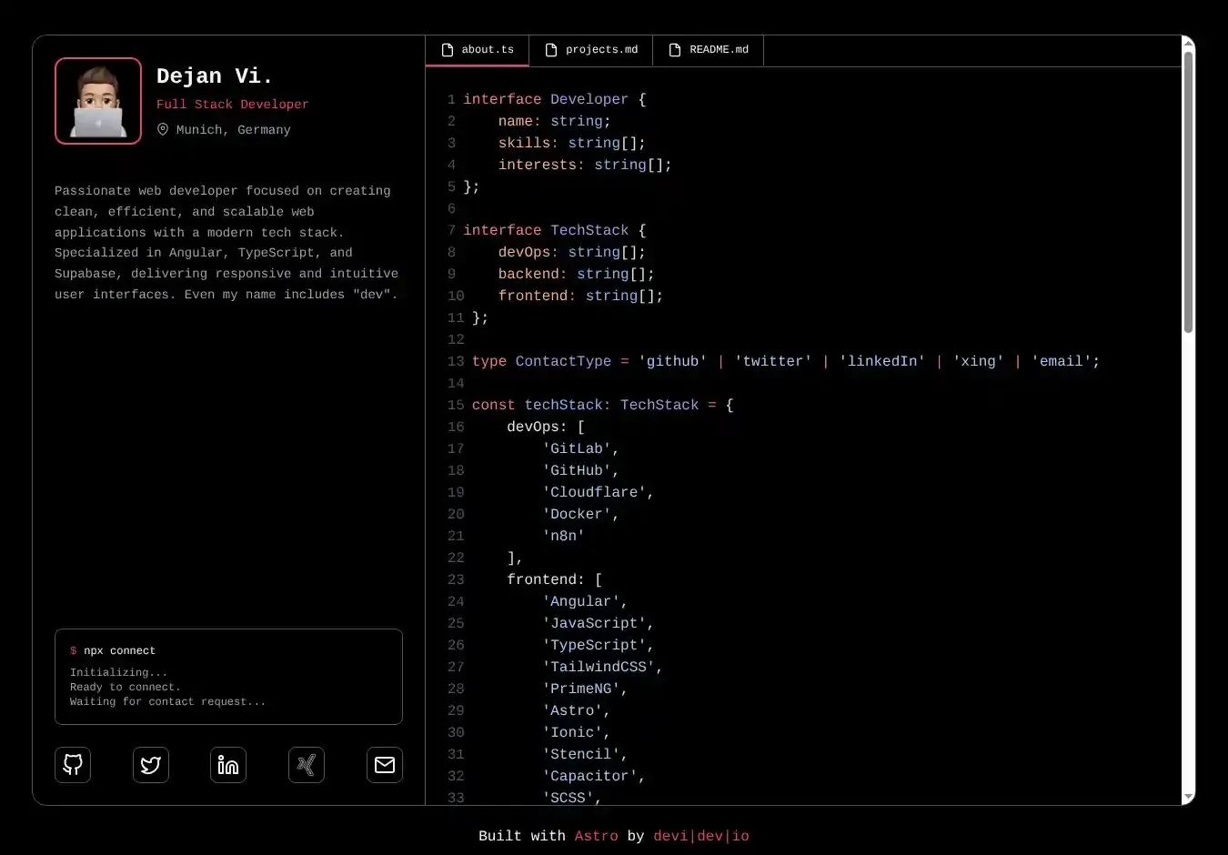 Astro Developer Portfolio home page on desktop