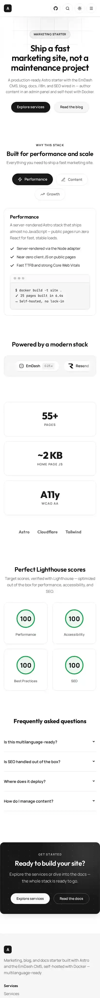 Astro EmDash Starter home page on mobile