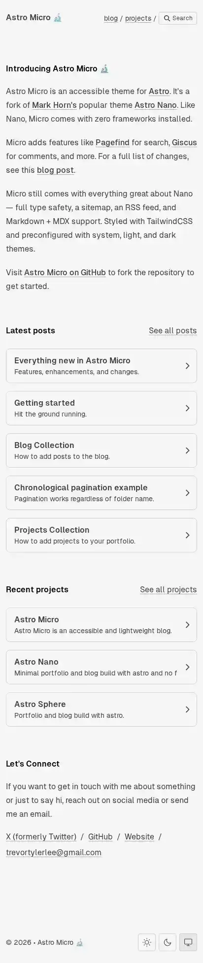 Astro Micro home page on mobile