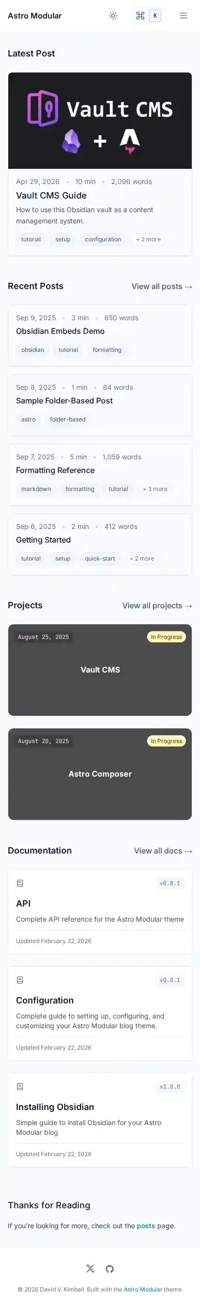 Astro Modular home page on mobile