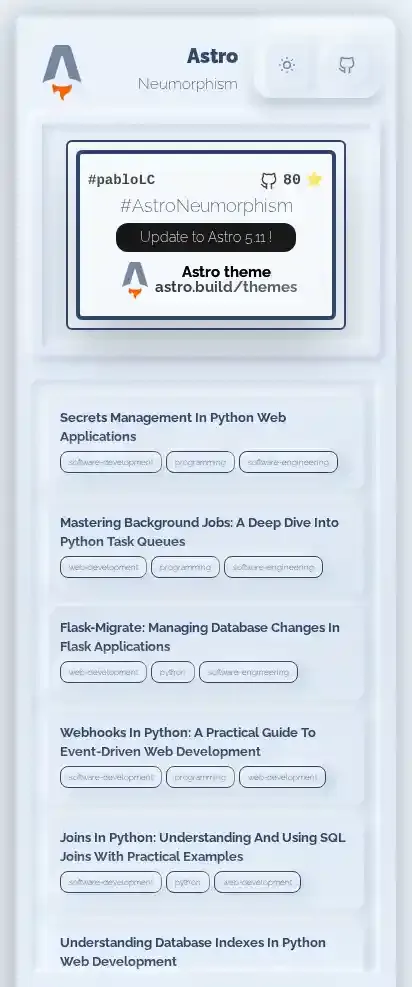 Astro Neumorphismt home page on mobile
