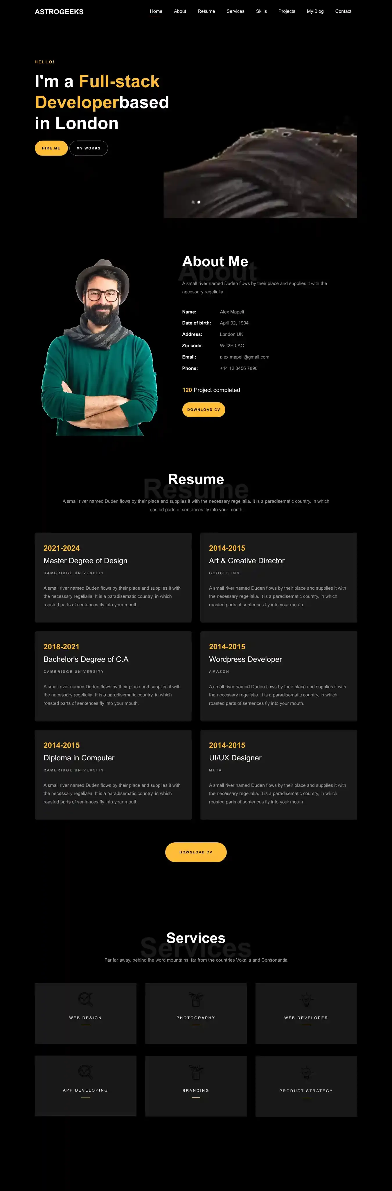 Astro Resume - Astro Geeks home page on desktop