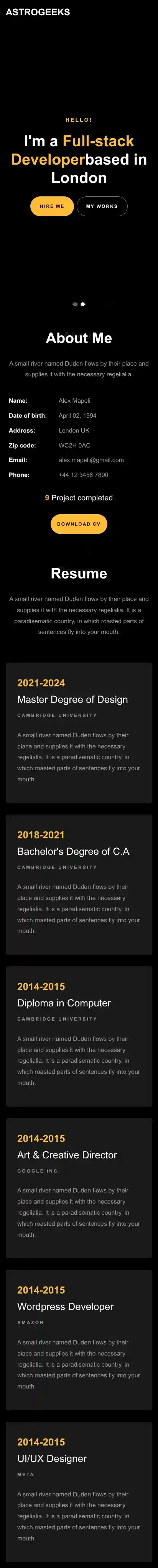 Astro Resume - Astro Geeks home page on mobile