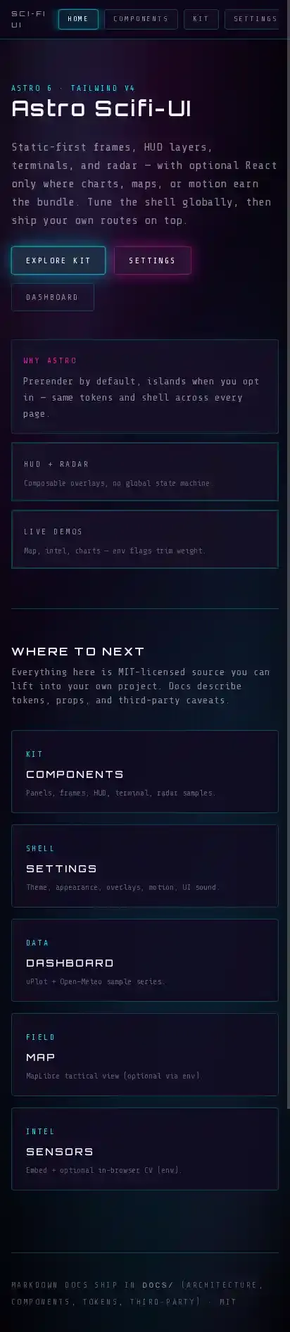 Astro Scifi-UI home page on mobile