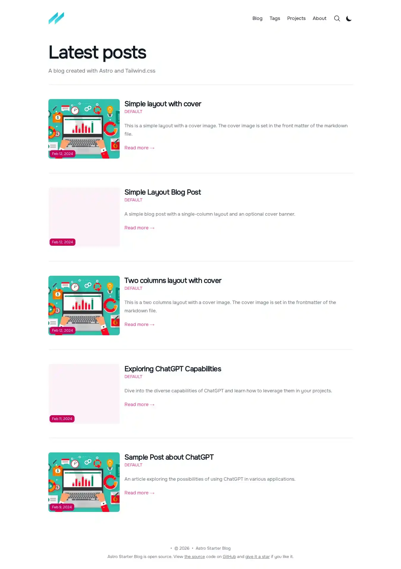 Astro Starter Blog home page on desktop