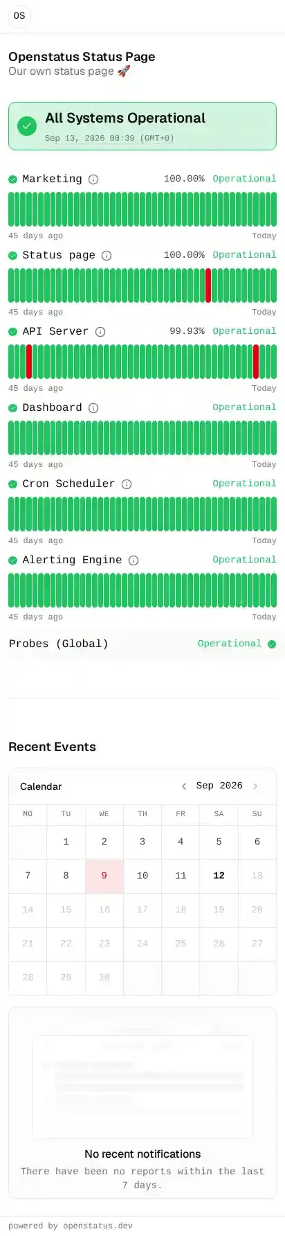 Astro - Status Page home page on mobile
