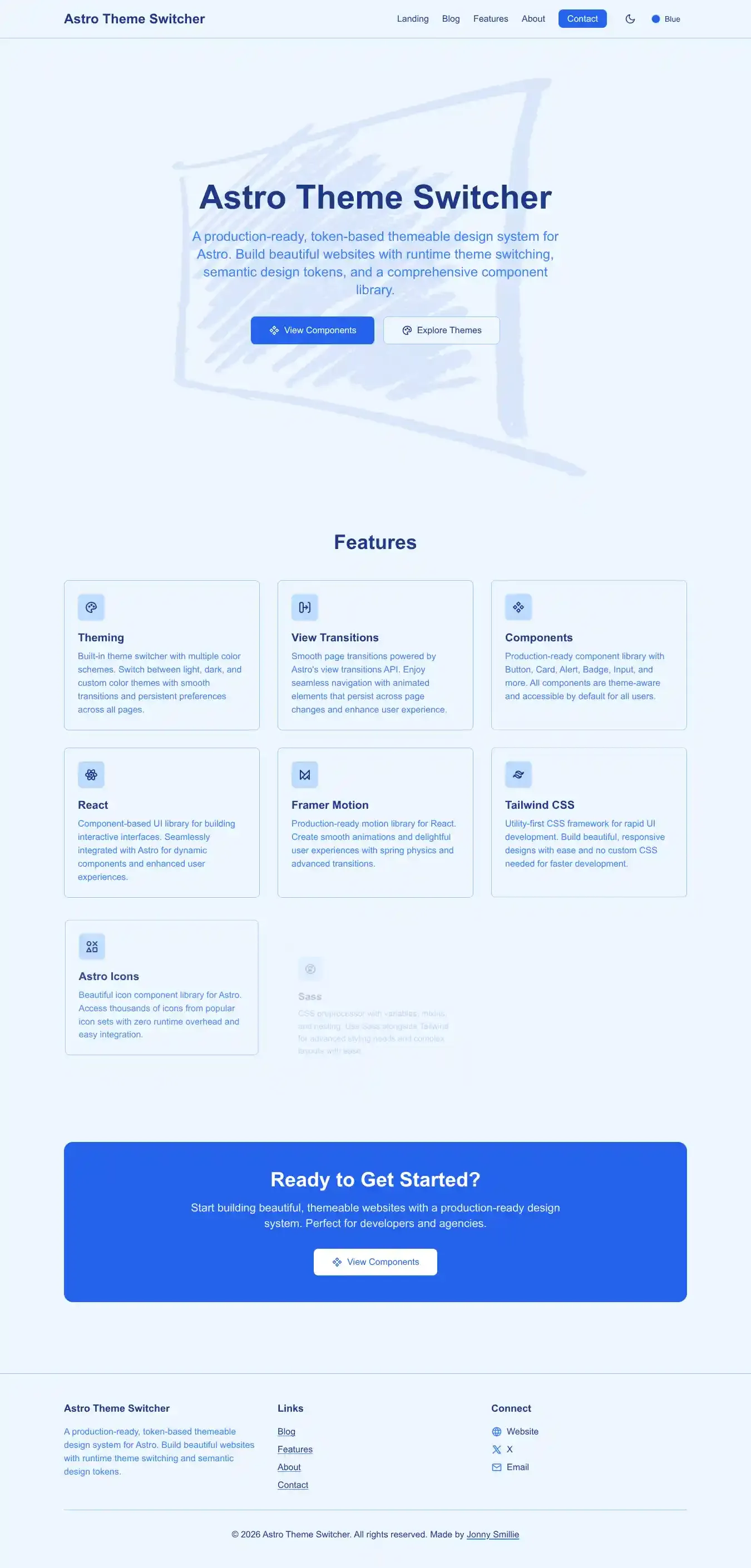 Astro Theme Switcher home page on desktop