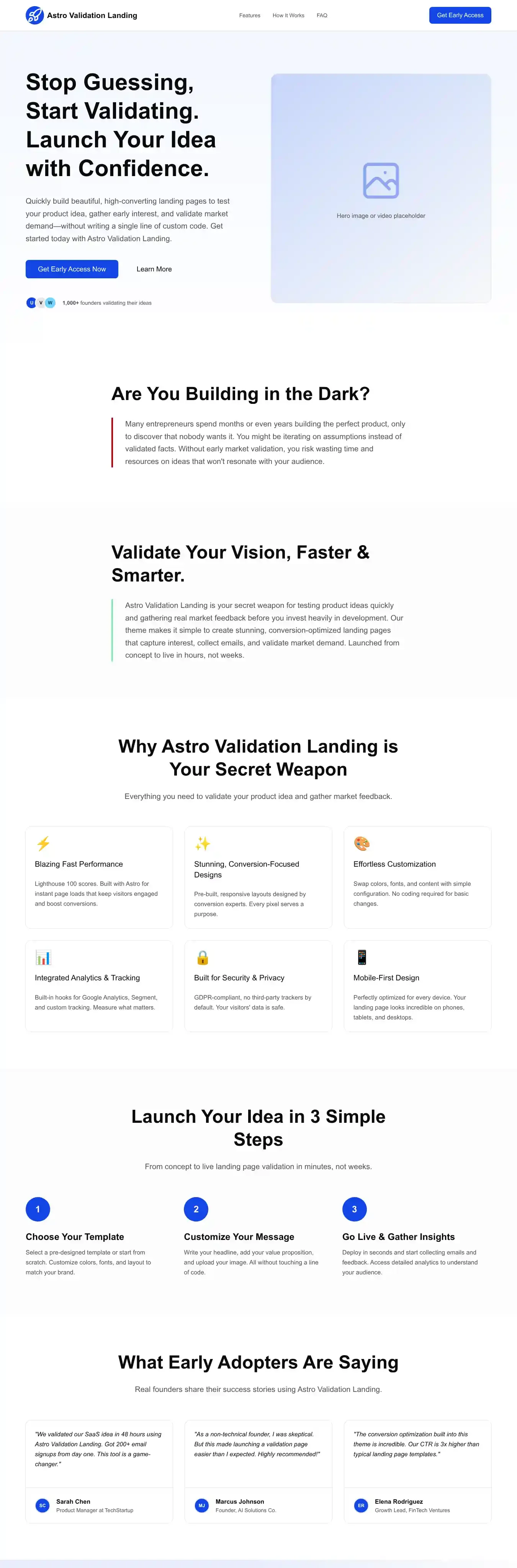 Astro Validation Landing home page on desktop