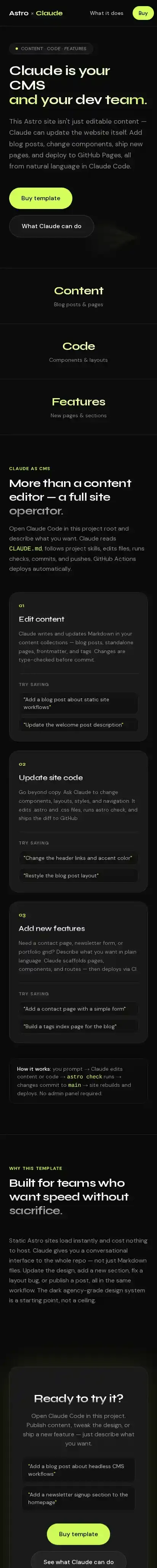 Astro x Claude home page on mobile