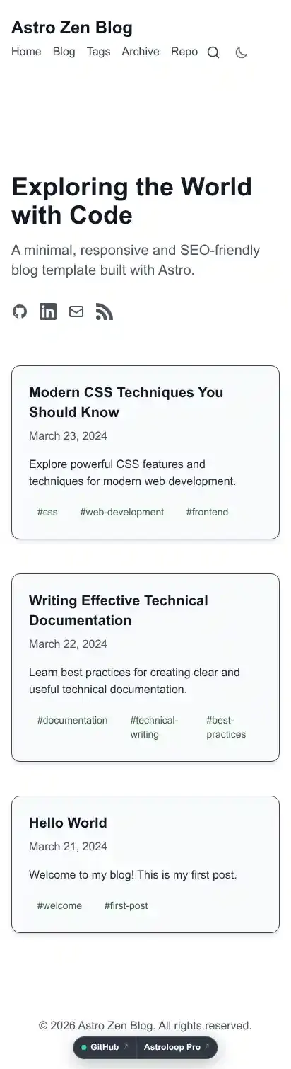 Astro Zen Blog home page on mobile