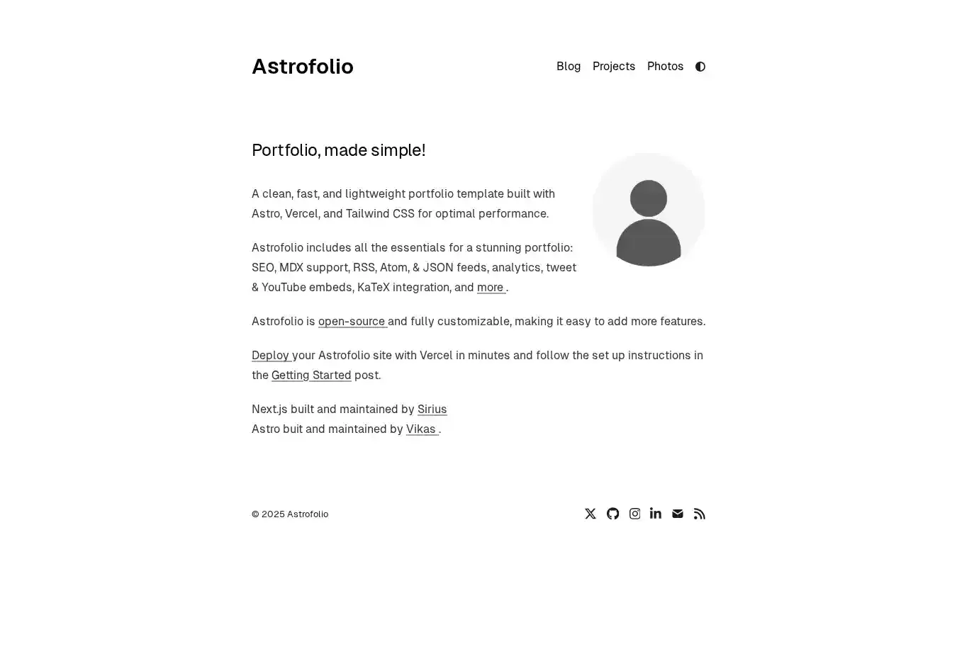 Astrofolio home page on desktop