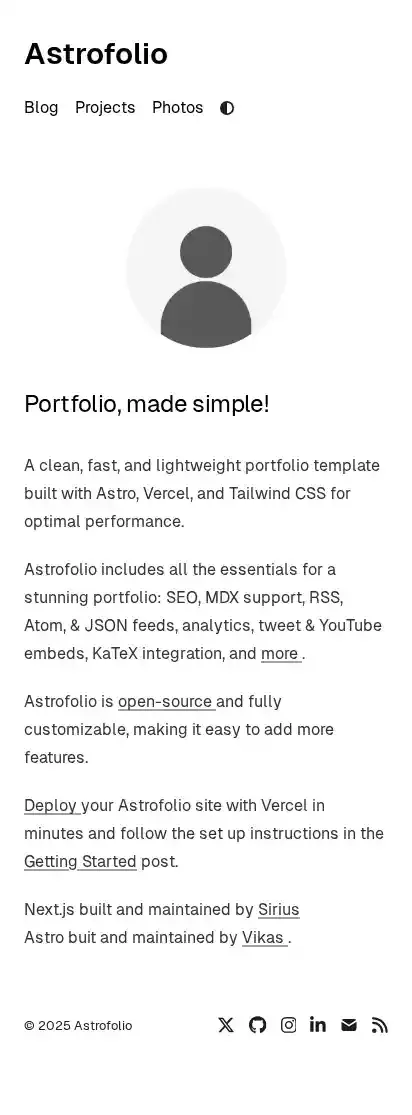 Astrofolio home page on mobile
