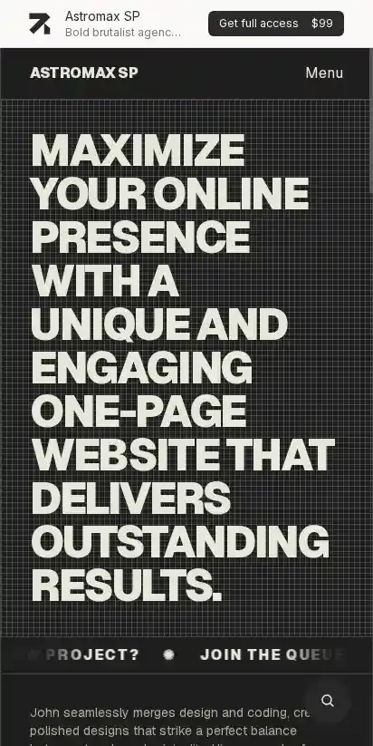 Astromax SP - Astro + EmDash CMS home page on mobile