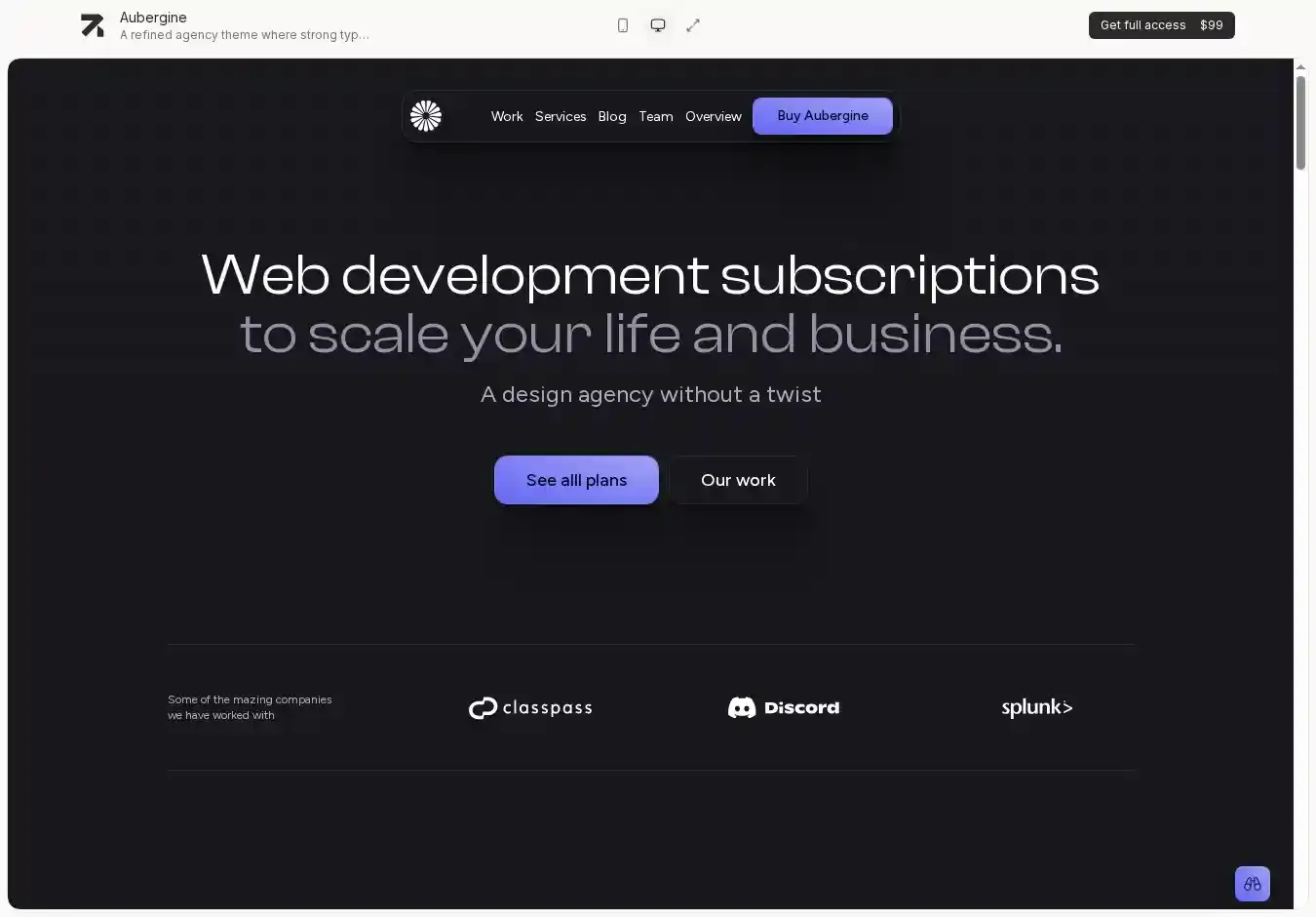 Aubergine Astro + Sanity CMS home page on desktop