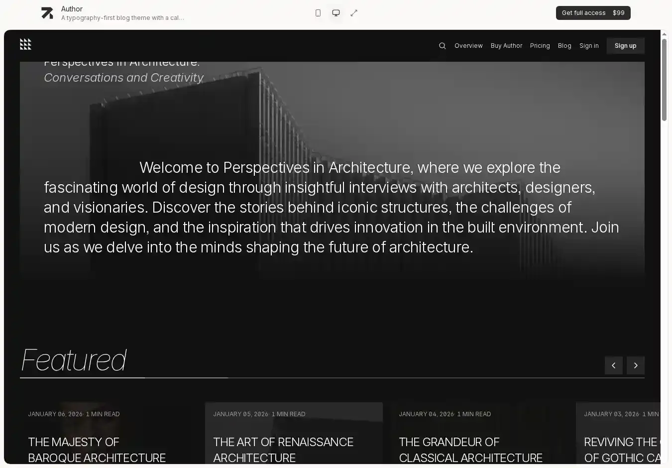Author Astro + Sanity CMS home page on desktop