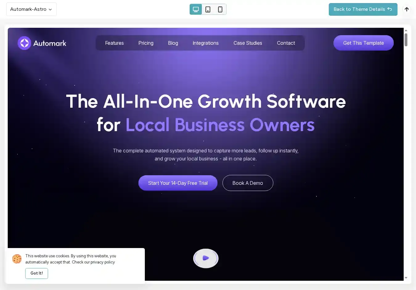Automark Astro home page on desktop