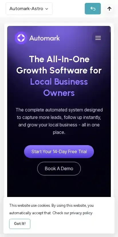 Automark Astro home page on mobile