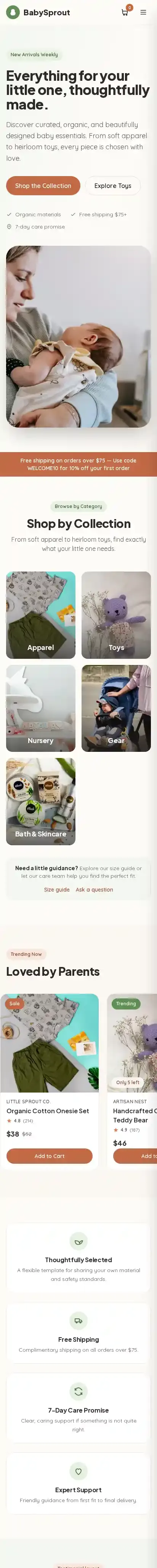 BabySprout home page on mobile