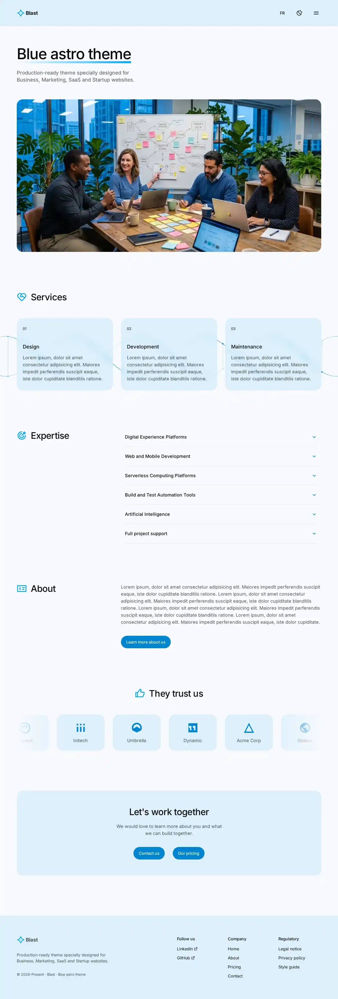Blast · Blue home page on desktop