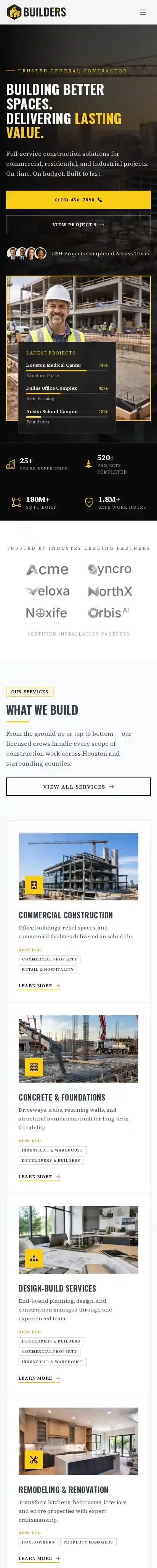 Builders home page on mobile