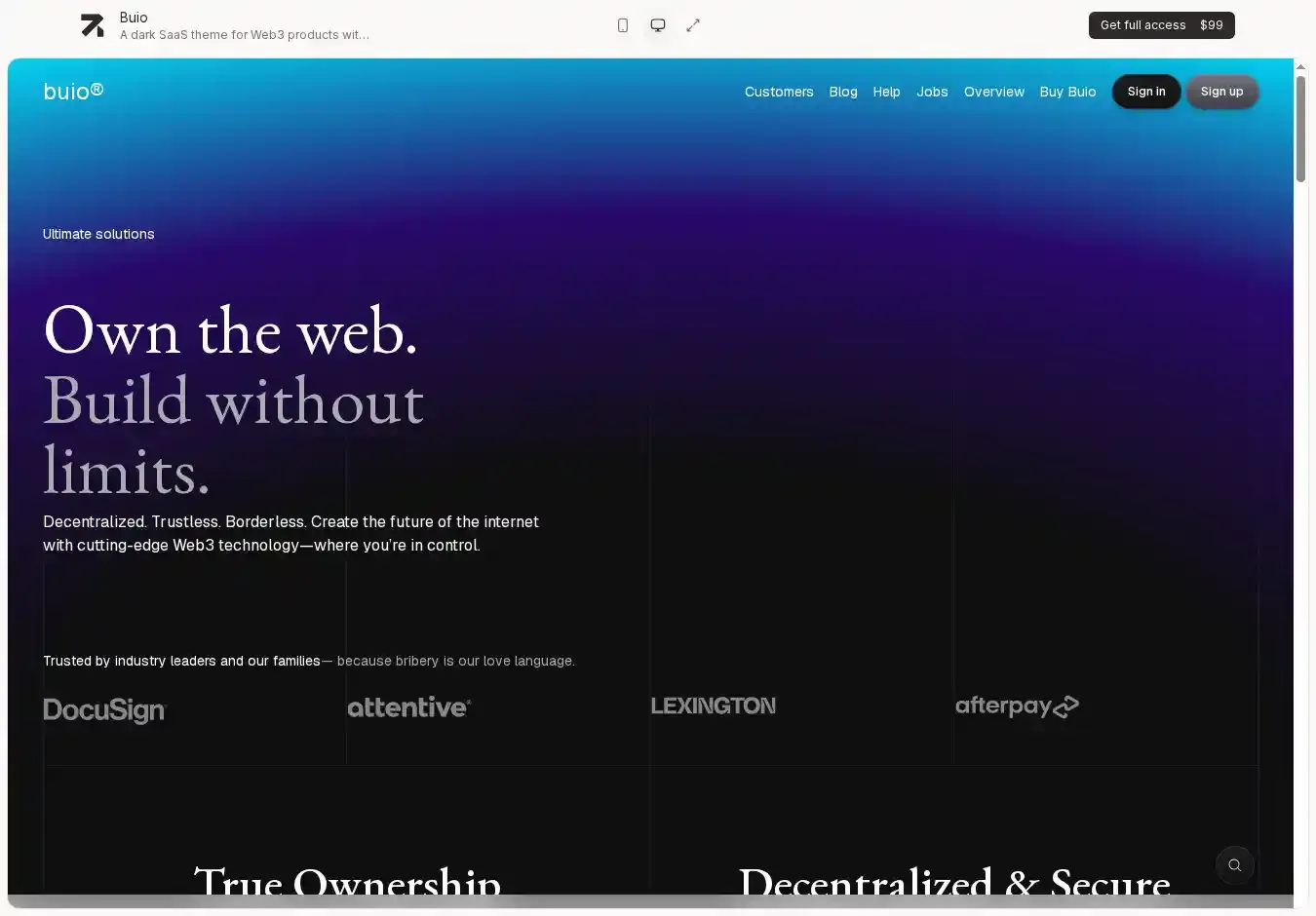 Buio - Astro + EmDash CMS home page on desktop