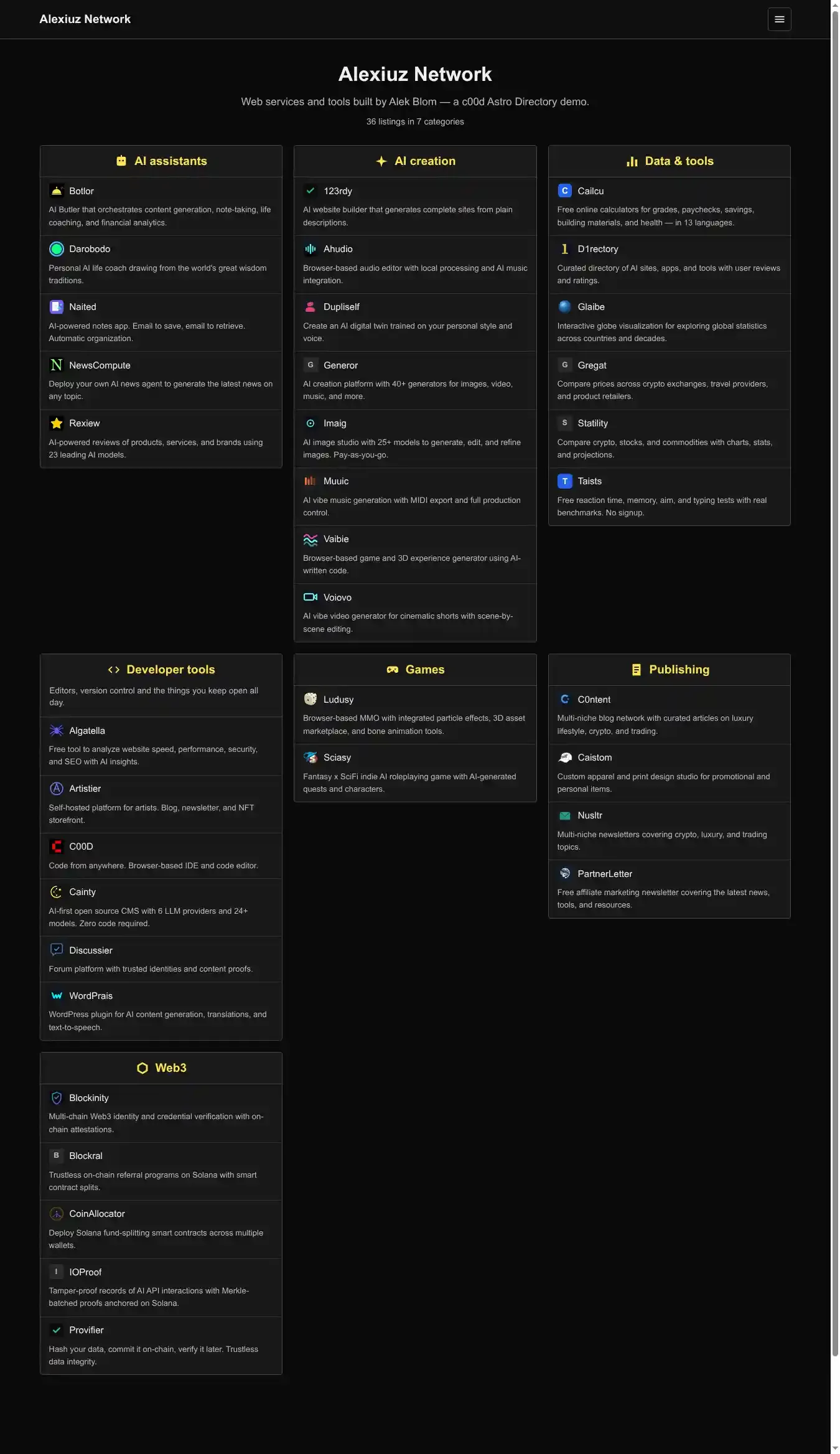 c00d Astro Directory home page on desktop