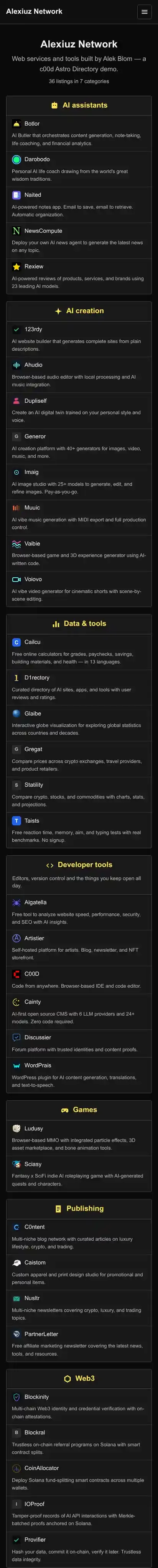 c00d Astro Directory home page on mobile