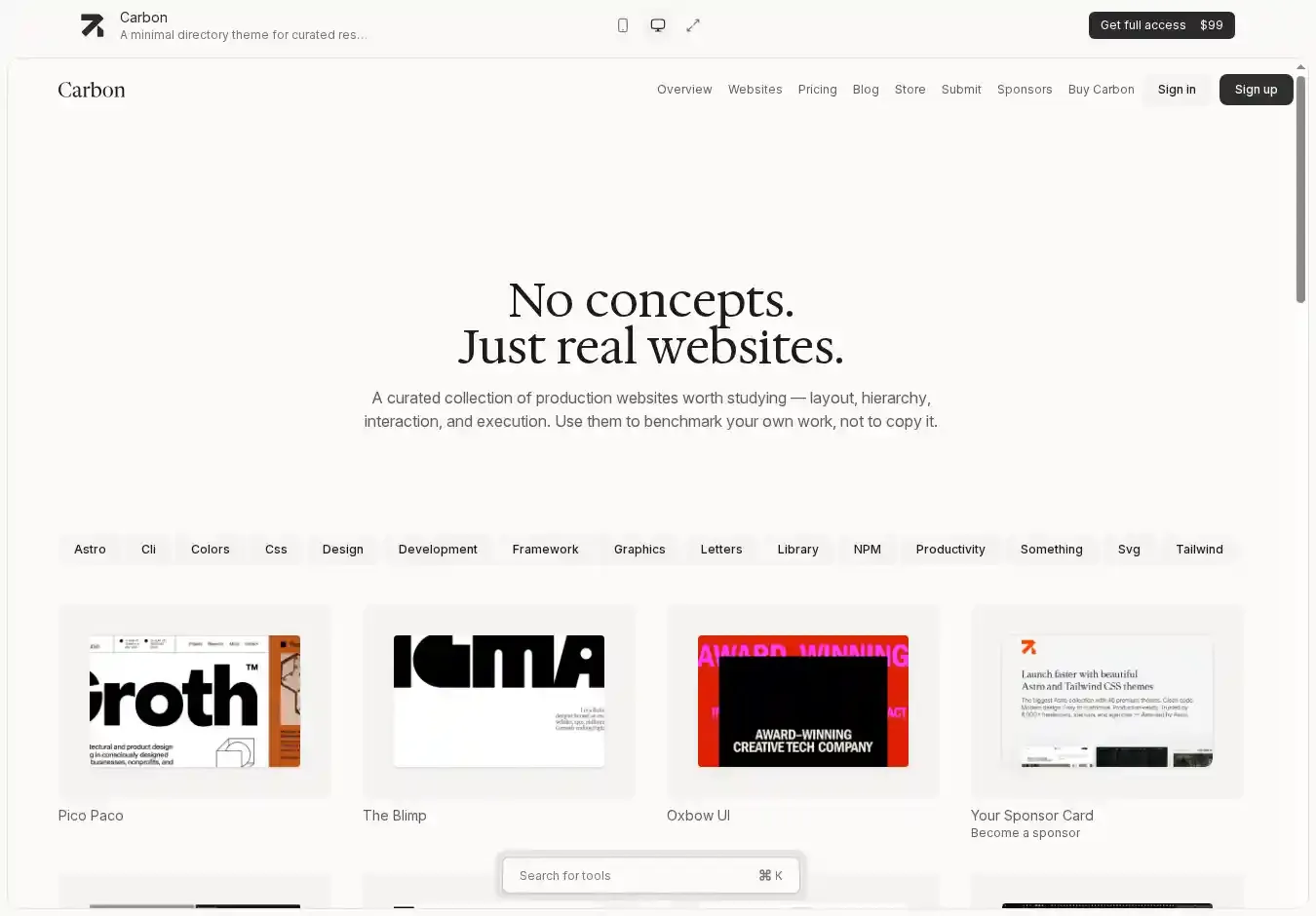 Carbon home page on desktop