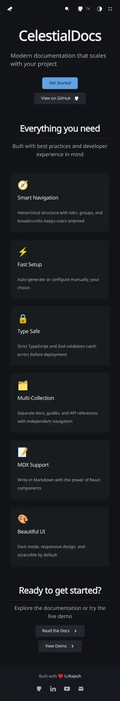 CelestialDocs home page on mobile
