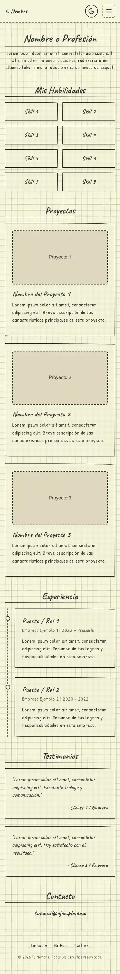 Classic Notebook Portfolio home page on mobile