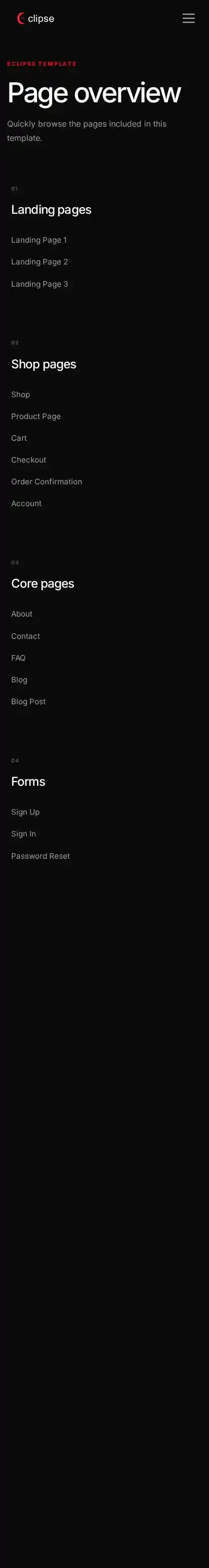 Cosmic Eclipse home page on mobile